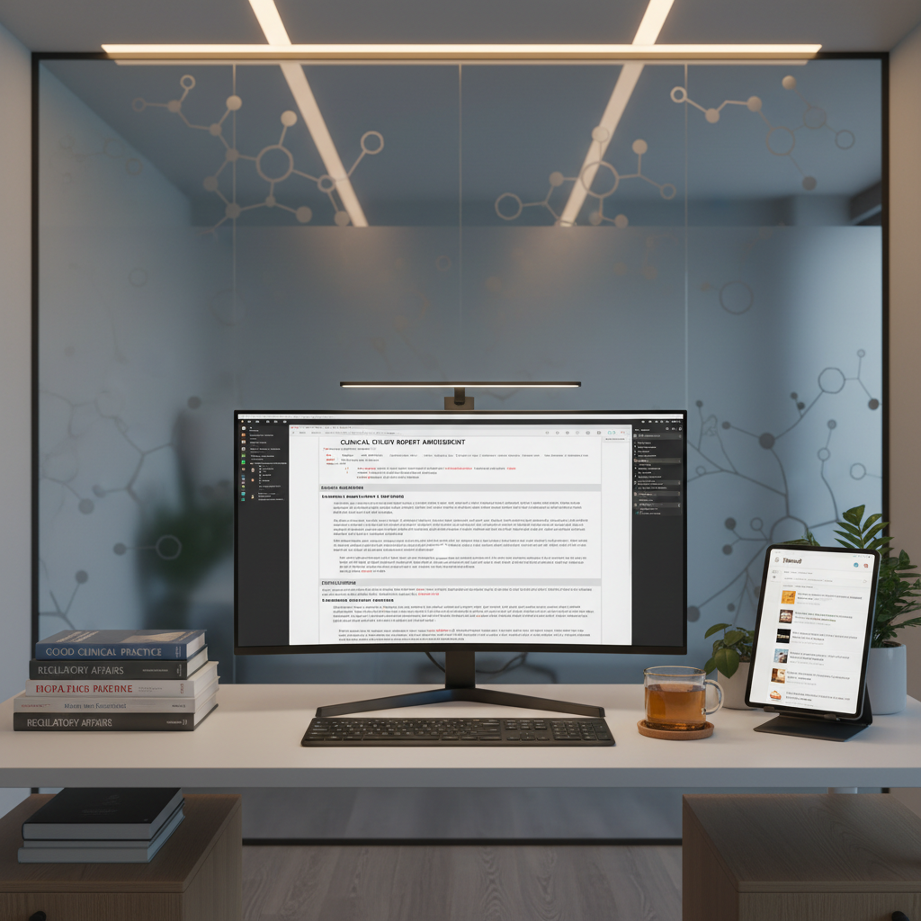 A quiet, high-tech medical writing studio where a large, matte-finish screen showcases a polished regulatory document with tracked revisions and carefully formatted sections. Surrounding the monitor are neatly arranged reference textbooks, a digital tablet displaying PubMed search results, and a glass mug of herbal tea on a cork coaster. Subtle, stylized icons of molecules and vascular networks appear as frosted patterns on a nearby glass wall. Warm, indirect LED lighting combines with gentle desktop task lighting, casting soft, controlled shadows that feel focused yet serene. Photographic realism from an eye-level perspective, with a clean, modern aesthetic and sharp focus throughout, conveying meticulous attention to detail, confidentiality, and trust in complex medical communications.