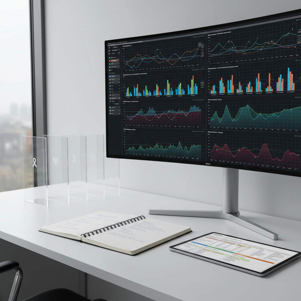 A modern research consulting environment featuring a large, ultra-wide monitor displaying an intricate, multicolored data visualization of clinical trial results, including line graphs, bar charts, and survival curves. On the minimalist white desk, an open notebook filled with tidy, handwritten research questions sits next to a tablet showing a structured project plan. Transparent acrylic files labeled with subtle icons for oncology, cardiology, and neurology stand neatly aligned. The space is lit by soft, diffused overcast light from a tall window, creating minimal glare and crisp definition. Shot from a slightly elevated angle in photographic realism, the composition follows the rule of thirds, evoking analytical clarity, strategic thinking, and calm confidence in scientific consulting.